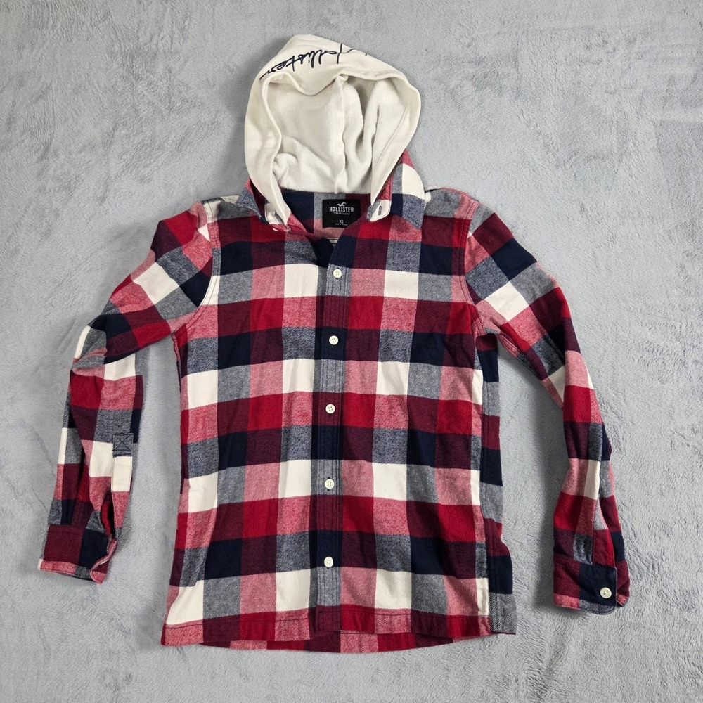 Hollister Flannel Shirt Mens XS Red Plaid Excellent Hooded Button Down LS